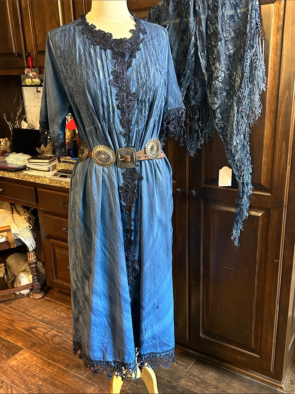 Pat Dahnke Sz M Blue Lace-Trimmed Duster Maxi Dress Discontinued
